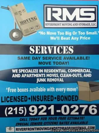 Get Riverfront Moving and Storage Today (Free boxes w every move