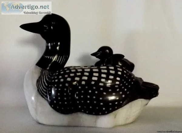 &quotRidding High&quot (Loon and Baby) Stone Sculpture by Gerald