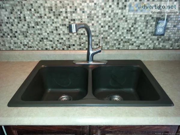 Blanco brown granite double sink with Kholer kitchen tap
