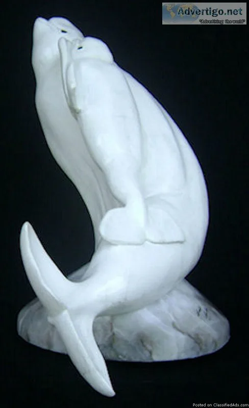 &quotFree Ride&quot (Baluga Whale and Calf) Stone Sculpture by G