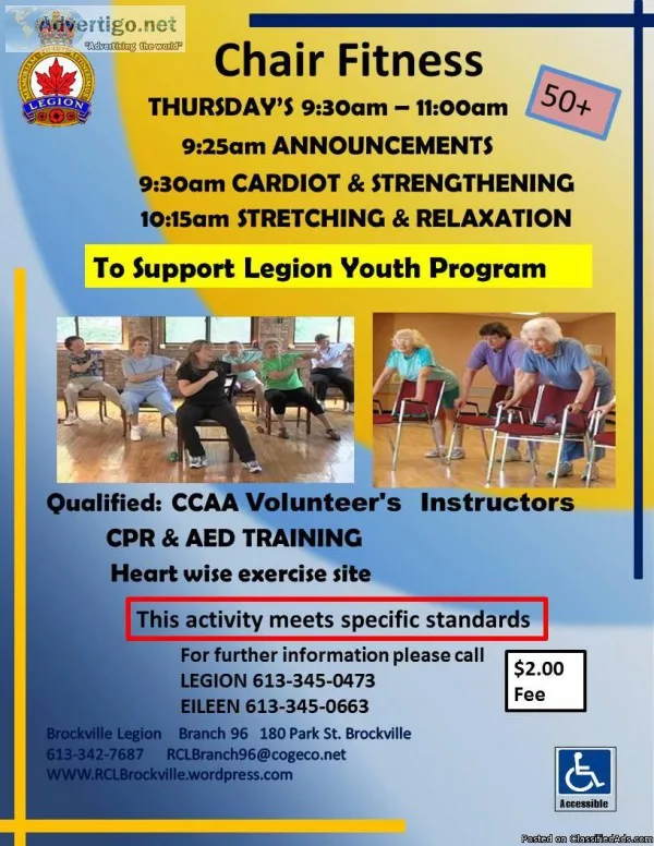 Chair fitness 930-11am Fee 2.00 Thursday  January 7th14th 21st 2