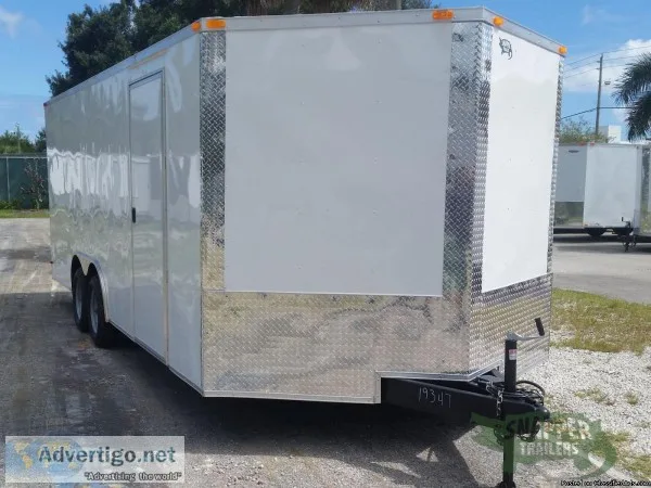 8.5x 20 ft Wht Ext Motorcycle Hauler w- Drings -NEW TRAILER