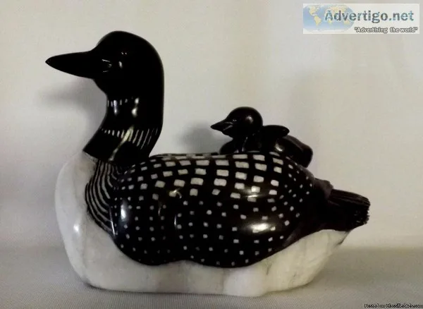&quotRidding High&quot (Loon and Baby) Stone Sculpture by Gerald