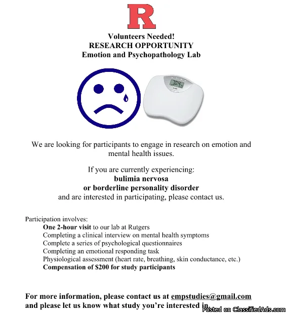 Volunteers Needed For Research on Emotion and Mental Health Issu