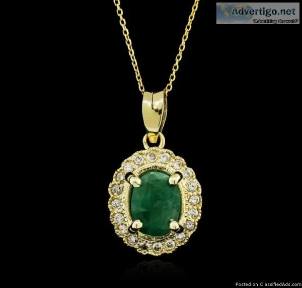 14KT Yellow Gold 1.07ct Emerald and Diamond Pendant With Chain