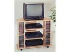 Natural finish wood TV stand with CD holders and casters