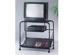 Black tubular metal TV stand with casters