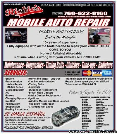 RICHIE S MOBILE AUTO REPAIR FULLY LICENSED AND CERTIFIED