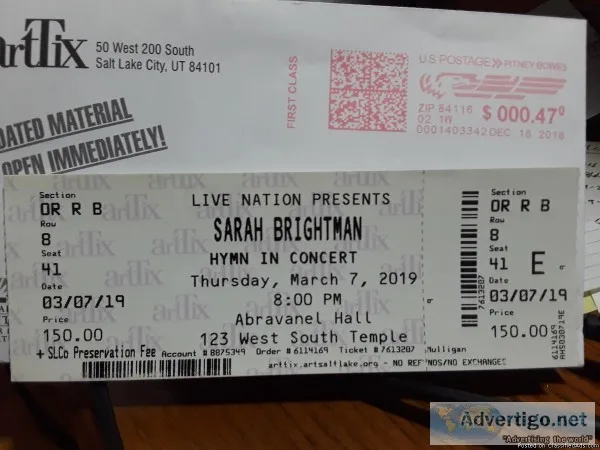 Sarah Brightman HYMN Concert Ticket
