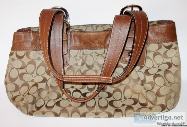 Call Jannie - Coach Tan Canvas Saddle Brown Leather Trim Handbag