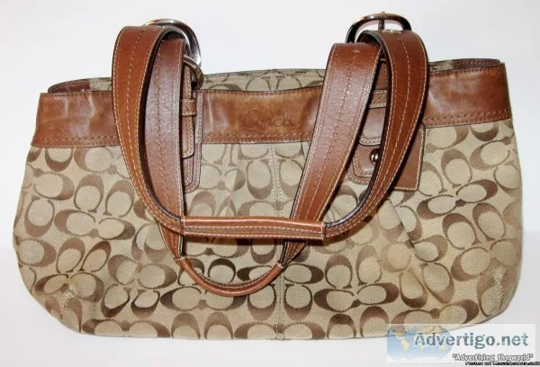 Call Jannie - Coach Tan Canvas Saddle Brown Leather Trim Handbag