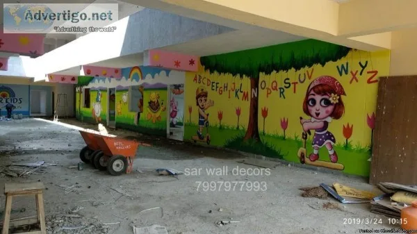 cartoon wall painting work and play school wall painting