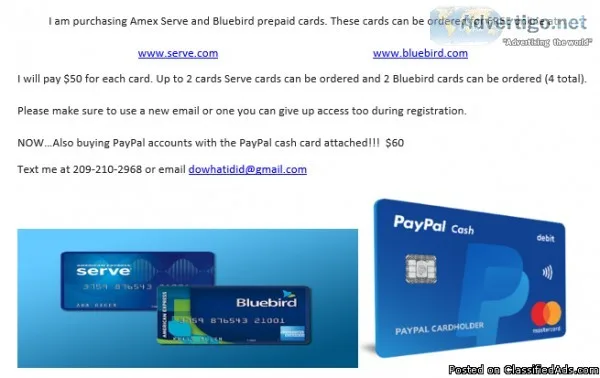 Get Paid to order Free Serve and Bluebird Cards