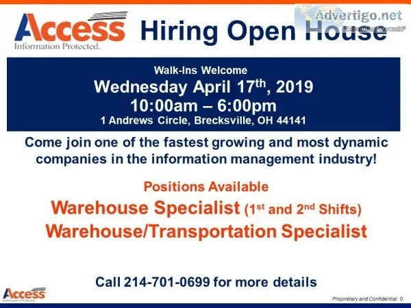 Hiring Event in Brecksville OH --Wed 417   WarehouseDriver jobs