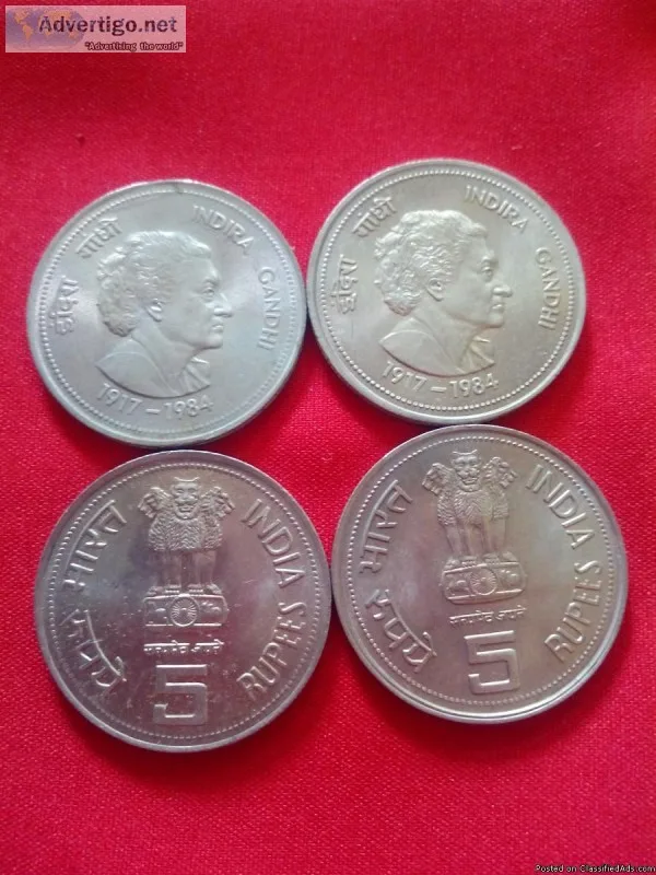 Indira gandhi five ruppes coin sell.
