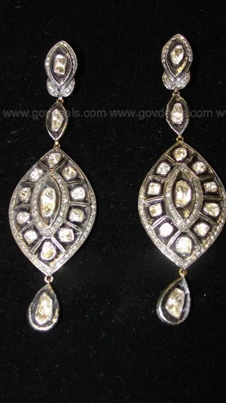 Polki Cut DiamondSilver Earrings with Black Antiquing