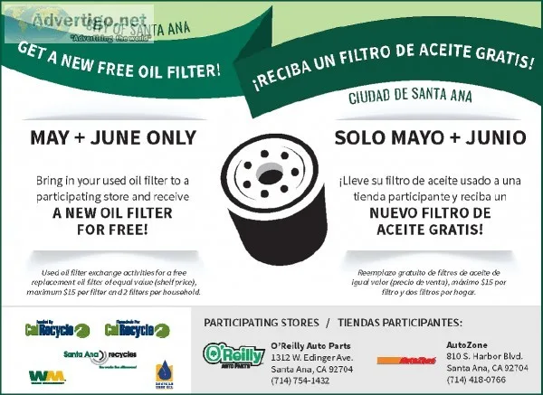 FREE NEW OIL FILTERS while supplies last