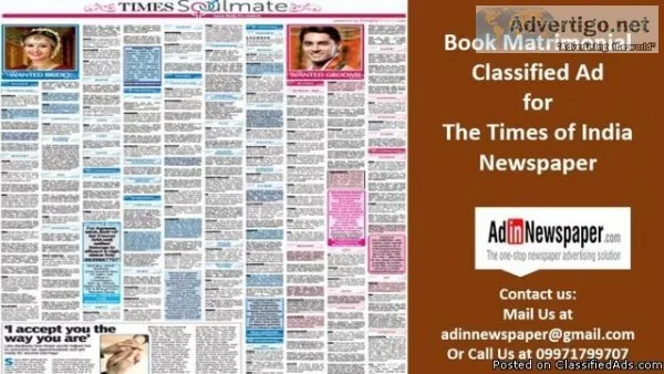 Book Matrimonial Ads in The Times of India Newspaper