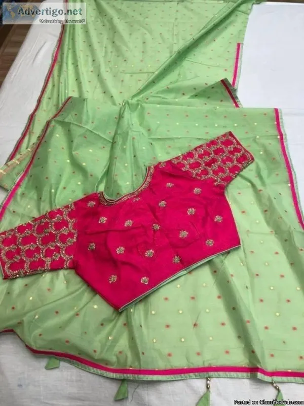 elegant LATEST CHANDERI SILK SAREES WITH SEMI STICHED BLOUSE