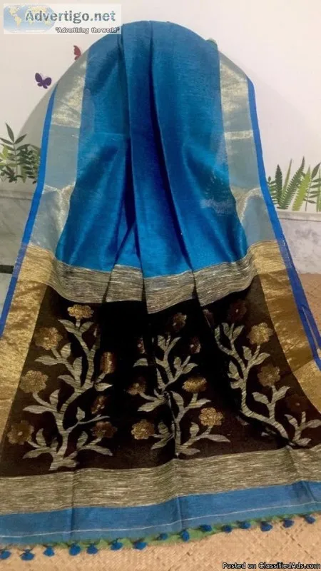 elegant Pure handloom silk linen sarees with weaving pallu