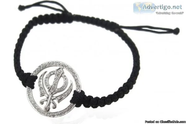 Khanda Bracelet In Silver With Diamonds On Nylon Thread
