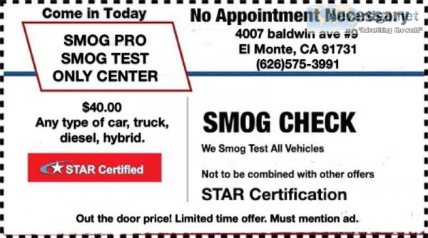SMOG CHECK ANY TYPEMAKE ONLY 40.00