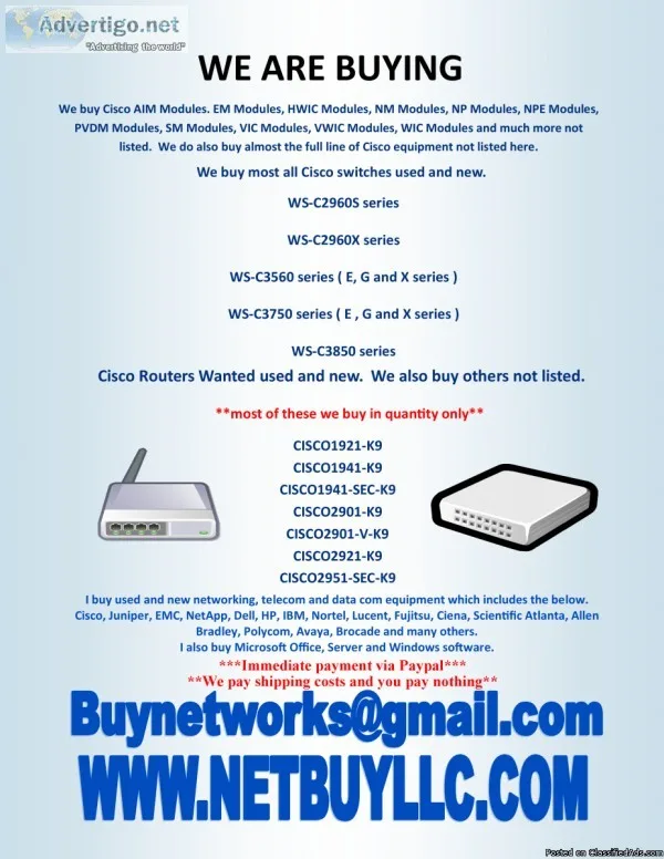 SELL US YOUR HI TECH. WE BUY COMPUTER SERVERS NETWORKING MEMORY 