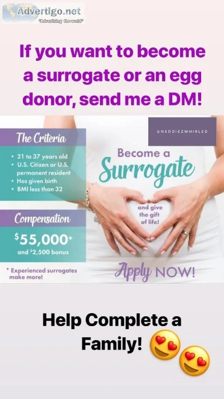 HELP A FAMILY Become A GESTATIONAL SURROGATE Compensation 55000