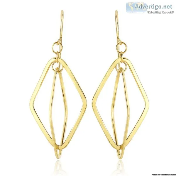 14k Yellow Gold Flat Open Diamond Interlaced Style Drop Earrings