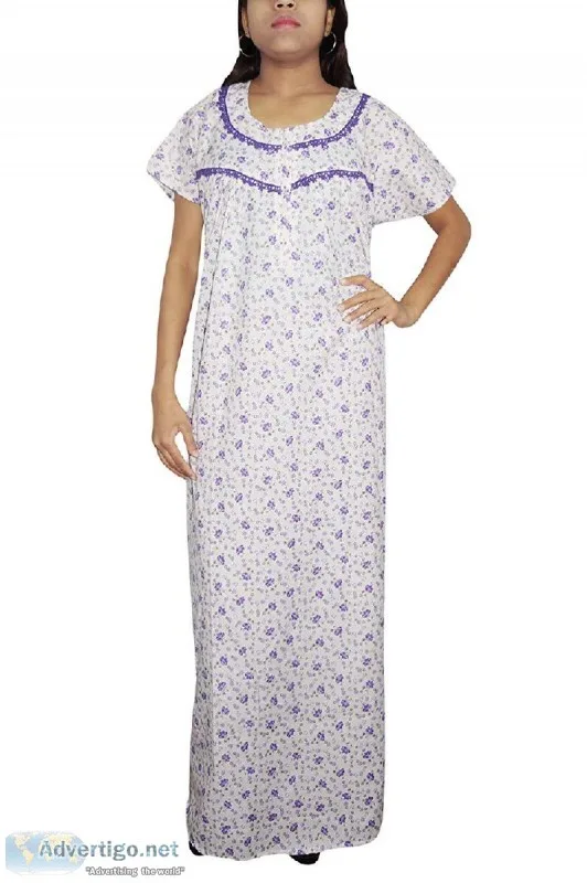 Indiatrendzs Women Cotton Nightwear Nighty Printed White Blue Lo
