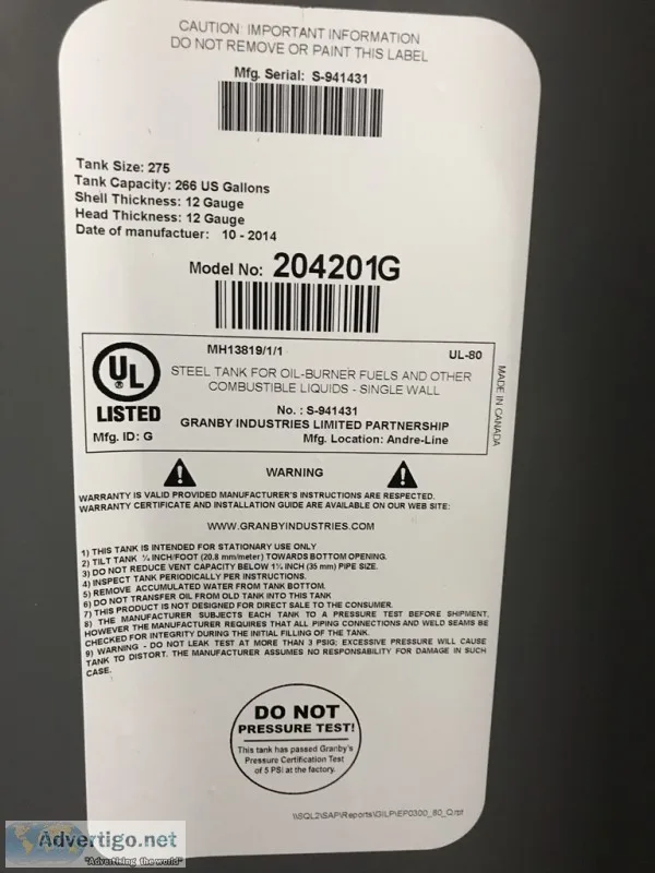 2-266 gal Heating Oil Tanks Like New