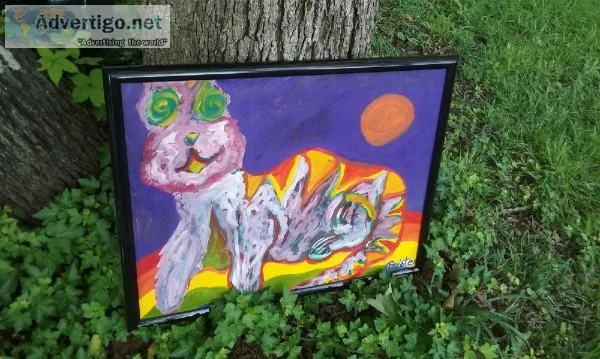 CHESHIRE CATCRAZY PSYCHEDELICFOLK ARTFRAMED CHILDREN S ART (_ )