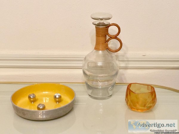 Rare Carl Aubock Mid Century Optic Glass Decanter and Ashtray