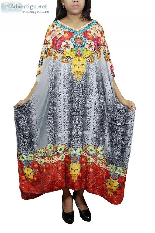 Womens Maxi Kaftan Digital Print Grey Red Viscose Kimono Nightwe