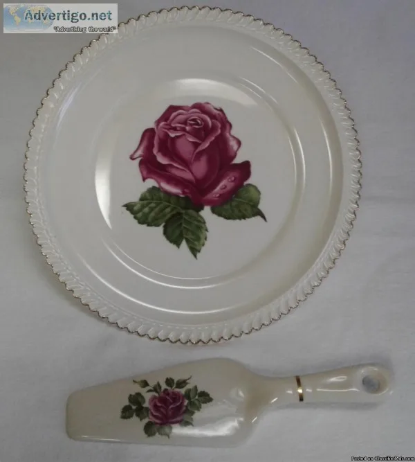 VINTAGE HARKER POTTERY ROSE CAKE PLATE PLATTER and SERVER SET