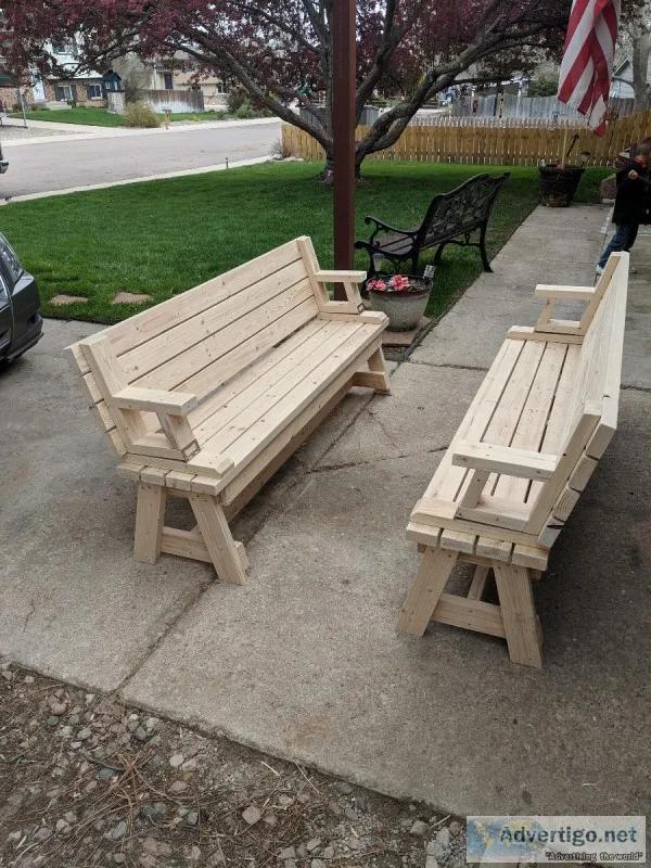 Convertible benches fold over to make picnic table