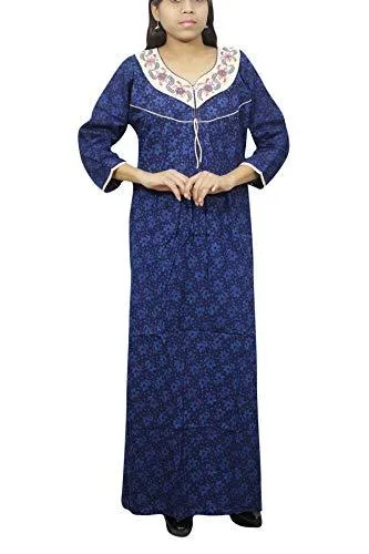 Womens Cotton Nightgown Long Printed Blue Maxi Dress XXL