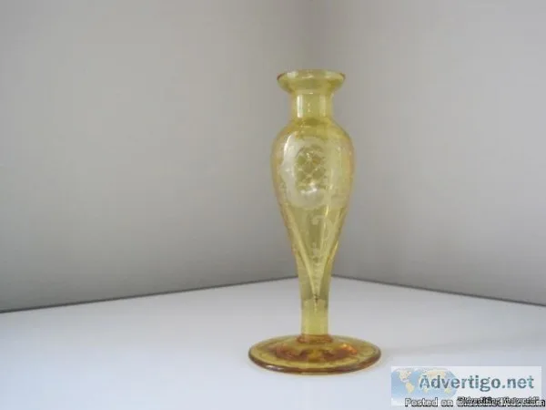 Antique Bohemian Amber Yellow Cut Glass Vase