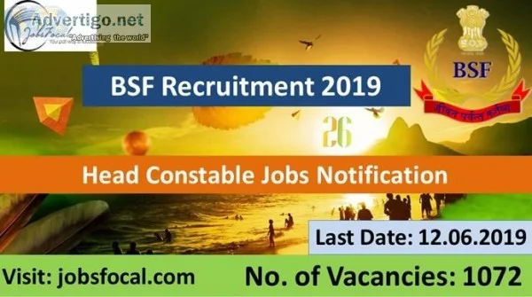 BSF Recruitment 2019 (1072) Head Constable Jobs Notification App