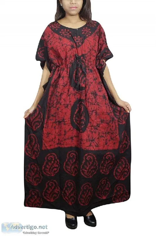 Womens Kaftan Nighty Red Black Printed Cotton Nightwear Free Siz