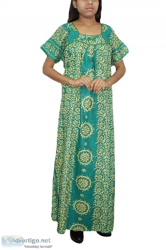 Womens Cotton Sleepwear Maxi Gown Loose Printed Green Nighty XL