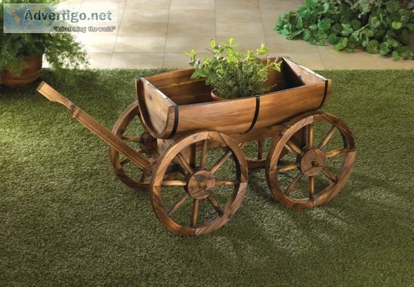 RUSTIC COUNTRY WOOD APPLE BARREL PLANTER WAGON