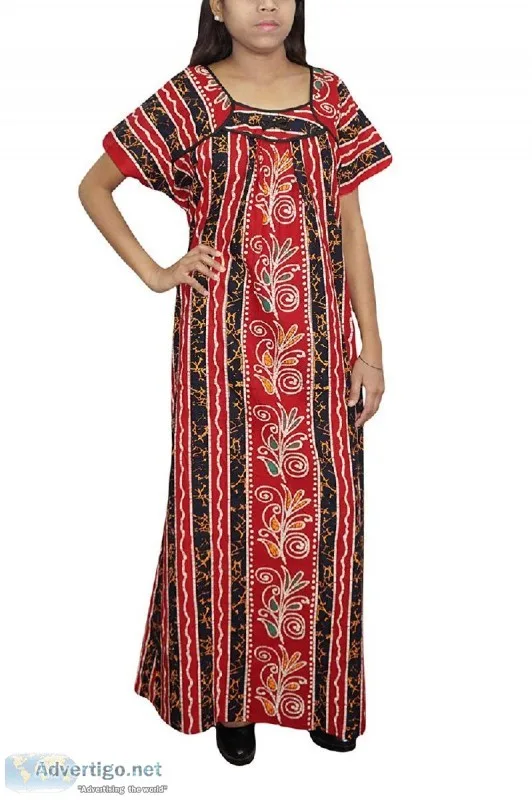 Women s Cotton Nightdress Long Printed Red Nightwear Gown XL