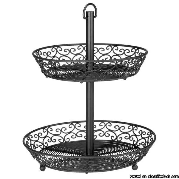 Fruit Basket  Decorative Black Wire Design     Round  2-Tier   M