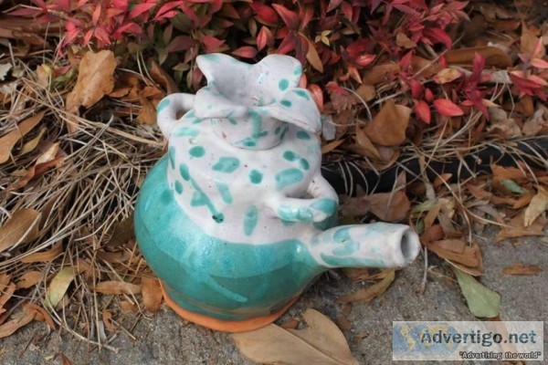 Green and White Teapot Folk Art Ceramics Functional Garden Kitch