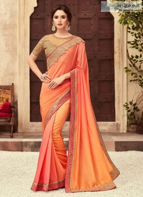 Orange and Gold Embroidered Saree  StyleDevOfficial