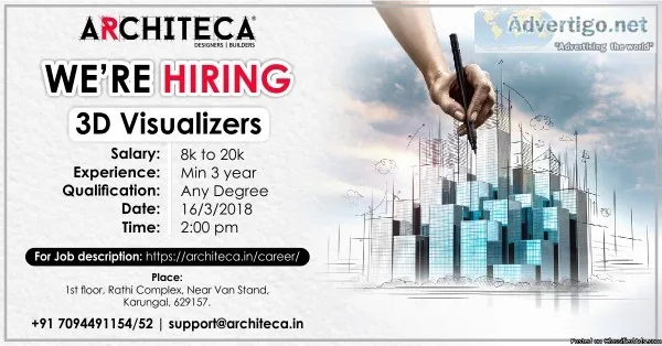 Openings For 3D Visualizers in Architeca Designers and Builders