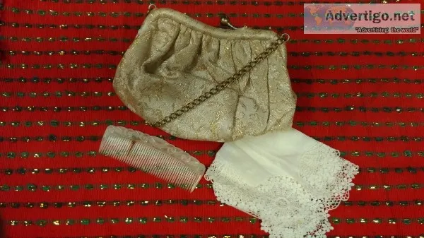 Vintage Clutch Purse with Antique Comb and Handkerchief