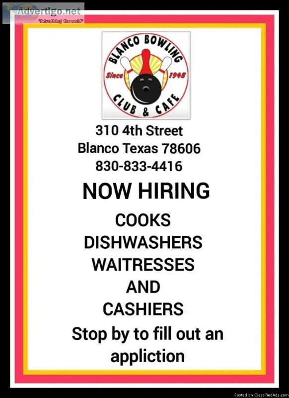 Help wanted waitress cashier cook dishwasher