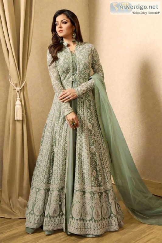 Fashionable Partywear Light Green Colour Full Long Anarkali Suit